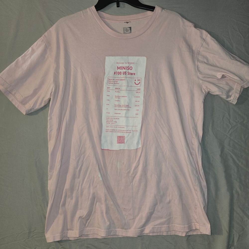 Miniso Receipt Graphic T-Shirt XL Unisex‎ Pink Short Sleeve Humorous Cotton Tee